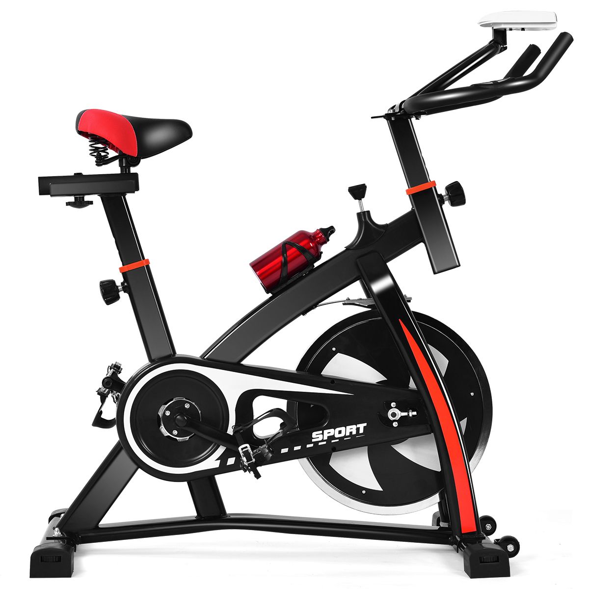 Vélo D’appartement Vélo Silencieux avec Courroie et Roue D’inertie en Fer de 10kg Guidon et Selle Ajustable Noir + Rouge