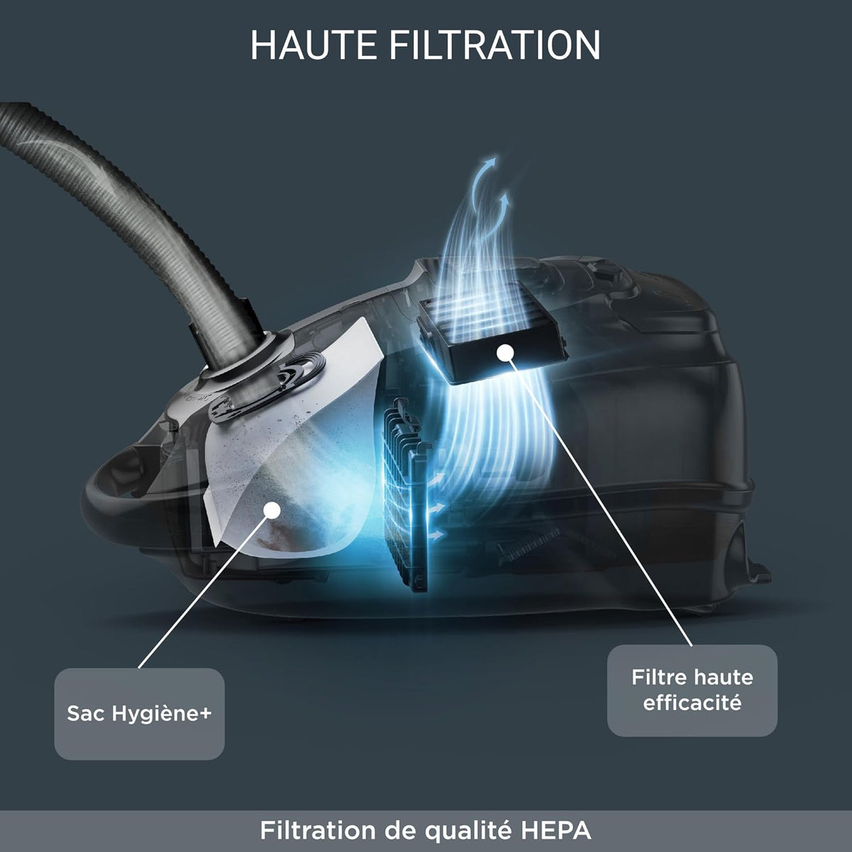 ROWENTA Silence Force Effitech Aspirateur avec Sac, Silencieux 57 DB(A), Basse consommation, Haute Filtration, Rayon d'action 12 m, Fabriqué en France RO7451EA, Bleu