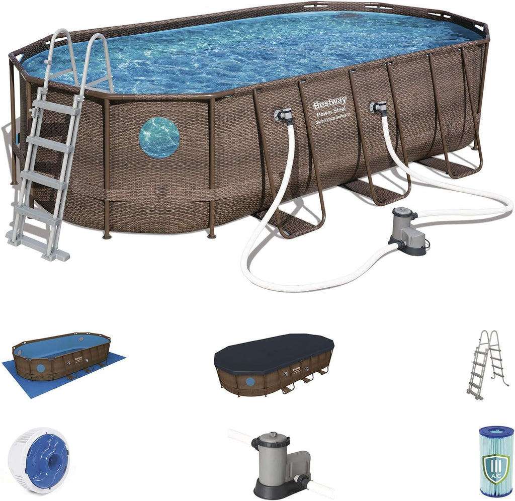 Bestway 56946 Piscine Power Steel? Swim Vista ovale 488 x 305 x 107 cm motif rotin avec hublots, filtration à sable, échelle, bache et diffuseur Chemconnect?