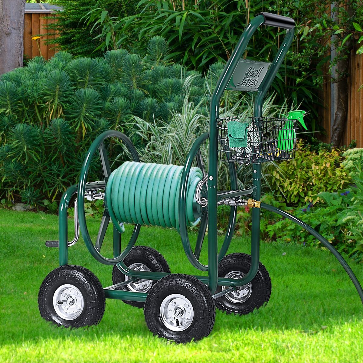 Dévidoir de Tuyau d’Arrosage avec 4 Roulettes Chariot pour 1.7m de Tuyau d’Arrosage Panier, 95x62x113cm, Vert