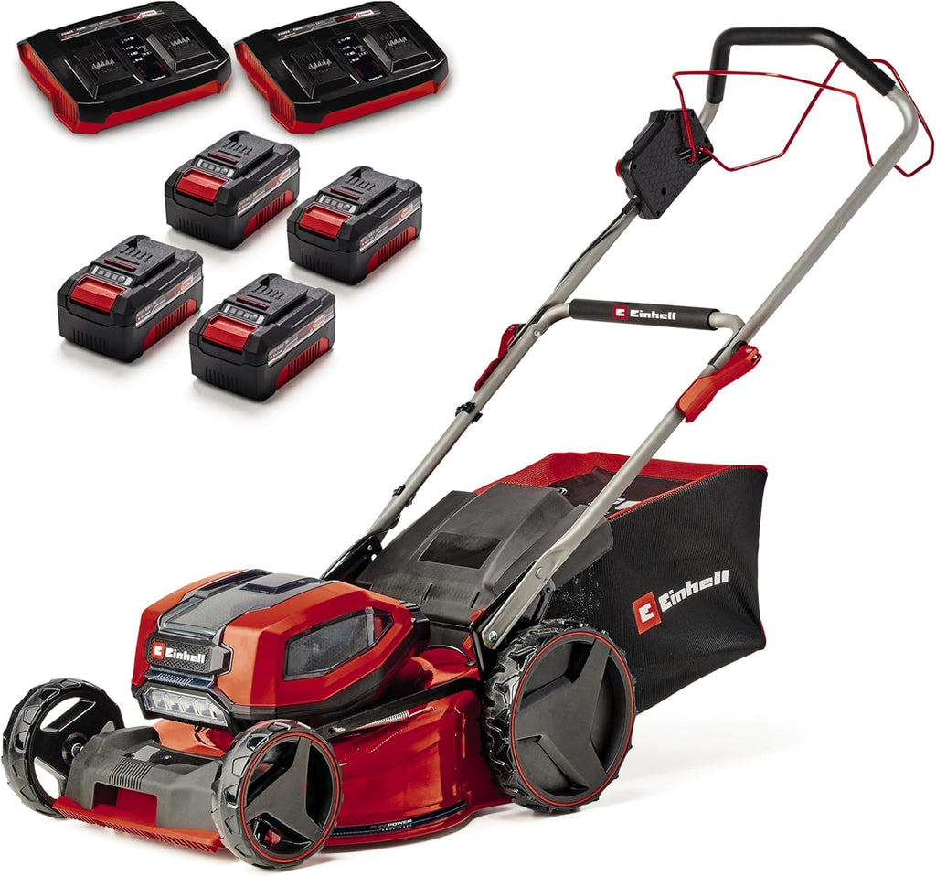 Einhell Professional Tondeuse à gazon sans fil GP-CM 36/47 S HW Li Power X-Change (36V, 47 cm largeur de coupe, autotractée, moteur sans charbon) Livré avec 4 Batteries 4,0Ah et 2 Chargeurs Doubles