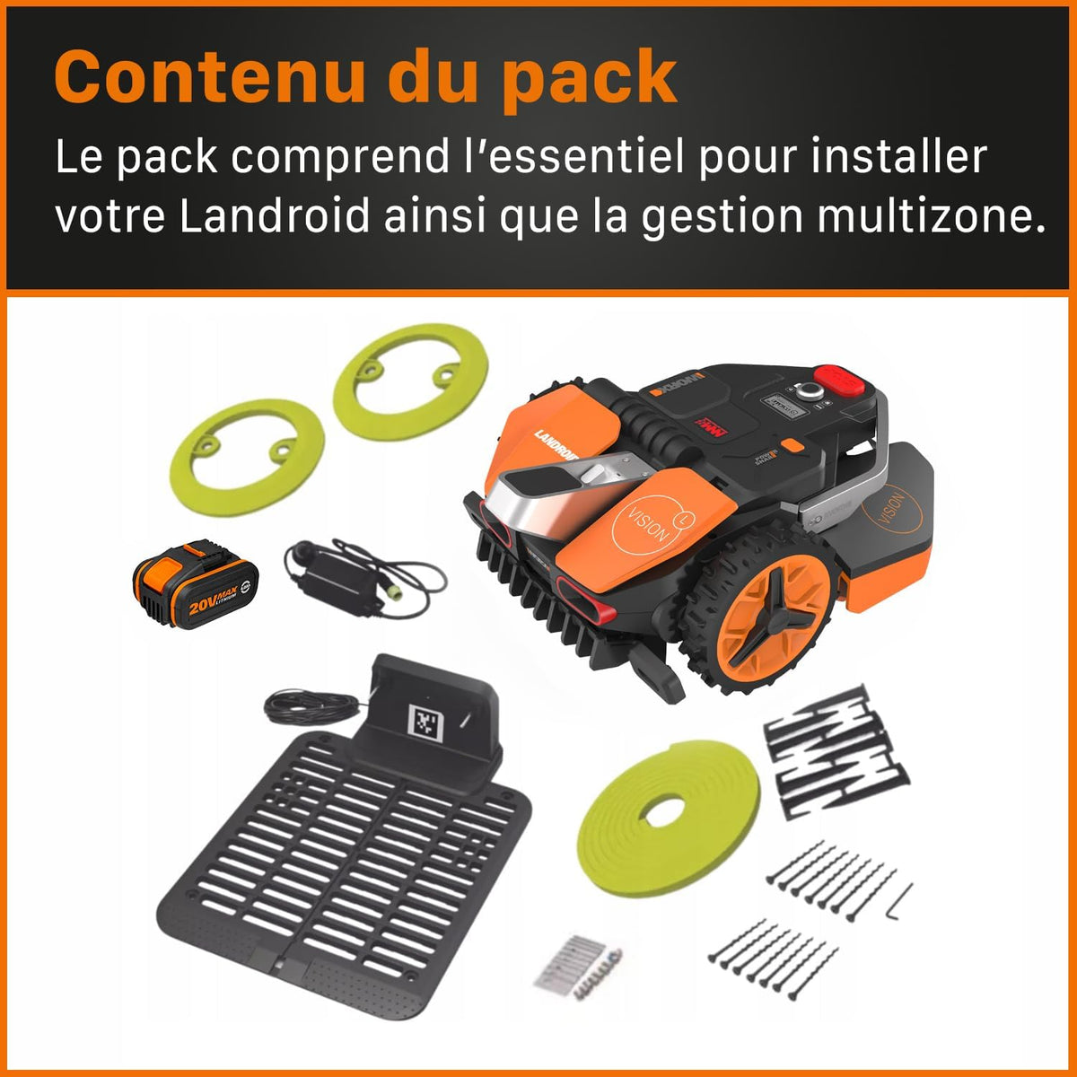 WORX LANDROID Vision WR206E.1, Robot Tondeuse sans Fil périphérique 600 m2 Surf.Max 700 m2, Installation en 30 Min, Caméra 4K + IA Adaptative, évite Tous Les Obstacles, Coupe des Bordures, Multizone