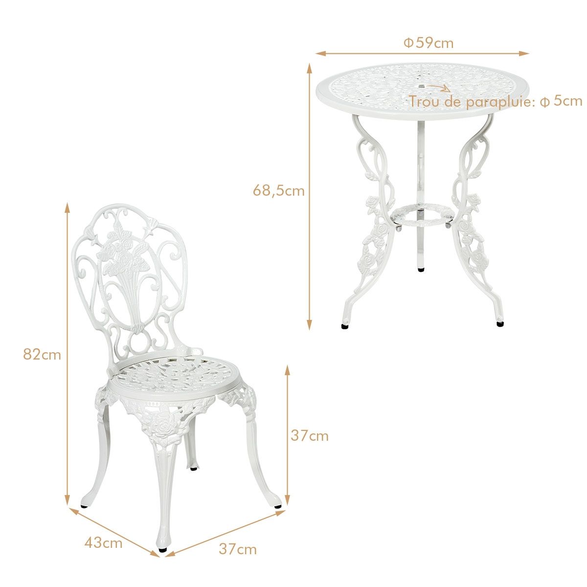 Ensemble Table et 2 Chaises pour Jardin en Aluminium en Forme de Rose Blanc Résistant aux Intempéries