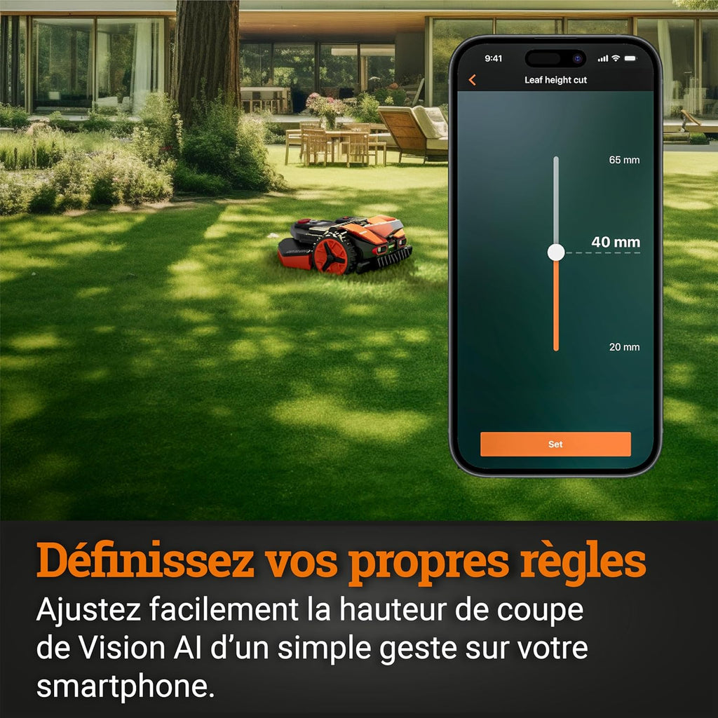 WORX LANDROID Vision WR206E.1, Robot Tondeuse sans Fil périphérique 600 m2 Surf.Max 700 m2, Installation en 30 Min, Caméra 4K + IA Adaptative, évite Tous Les Obstacles, Coupe des Bordures, Multizone