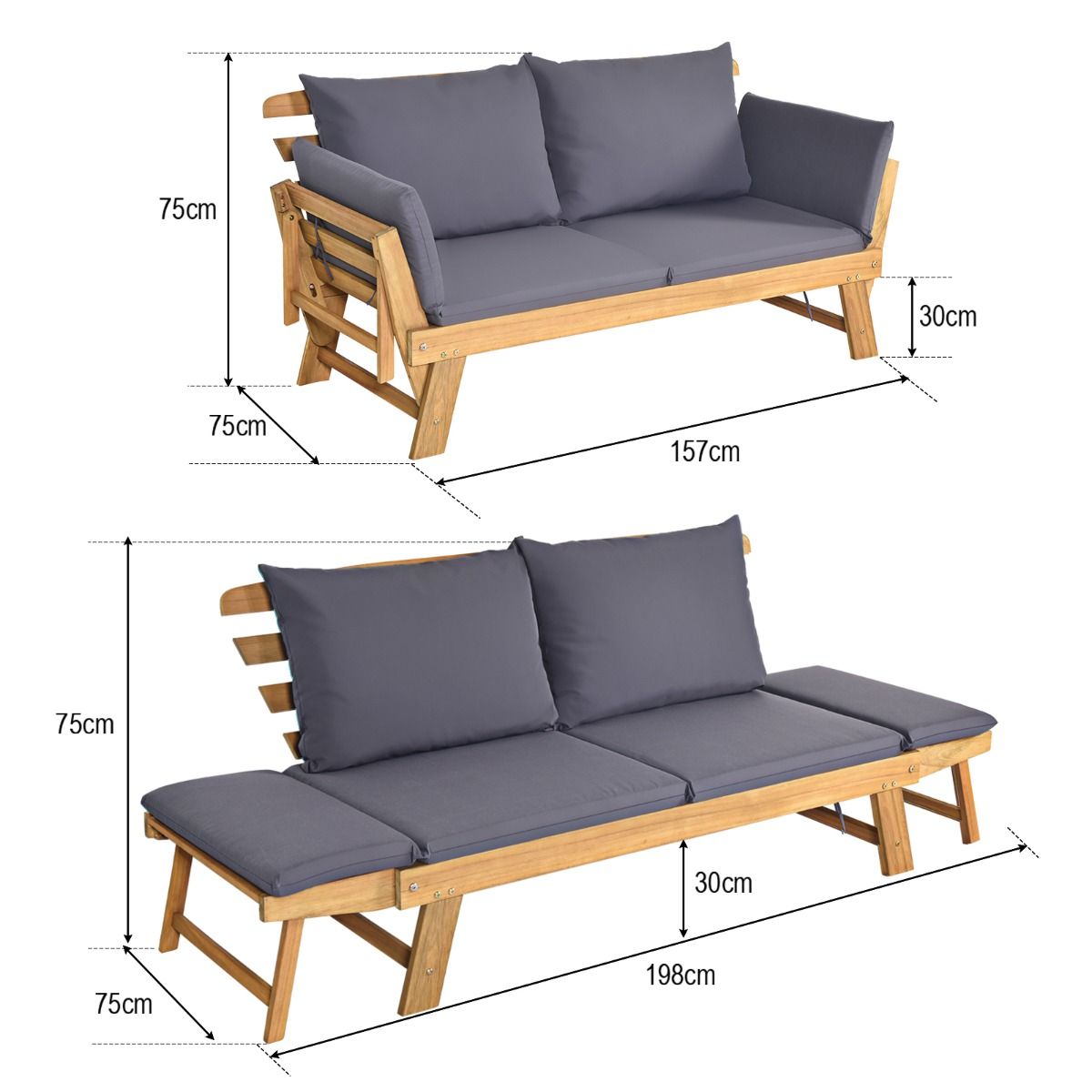 Chaise Longue Convertible avec Coussin Canapé de Jardin 2 en 1 en Bois d’Acacia avec Accoudoir Réglable pour Patio Piscine Jardin Blanc/Gris/Bleu/Rouge