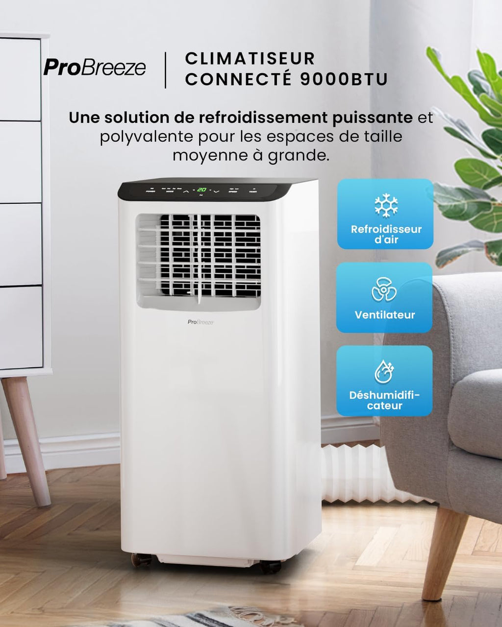 Climatiseur Mobile 4-en-1 9000 BTU - Clim Puissante compatible WiFi avec Application- Minuterie 24 heures, Télécommande et Kit Fenêtre inclus pour Chambre, Salon 22m2 [Classe énergétique A]