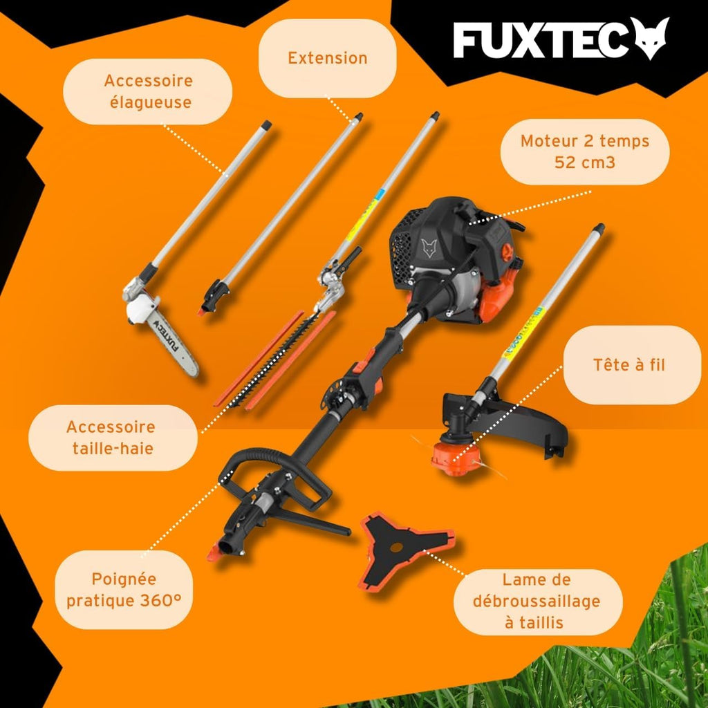 Fuxtec Débroussailleuse Thermique Multifonction 5 en 1 Multitool FX-MT152E - Easy Starter 3CV 52 cm3, Moteur 2 Temps, élagueuse Taille Haie Coupe Bordure Avec Fil ou Lame 1 Mètre Rallonge