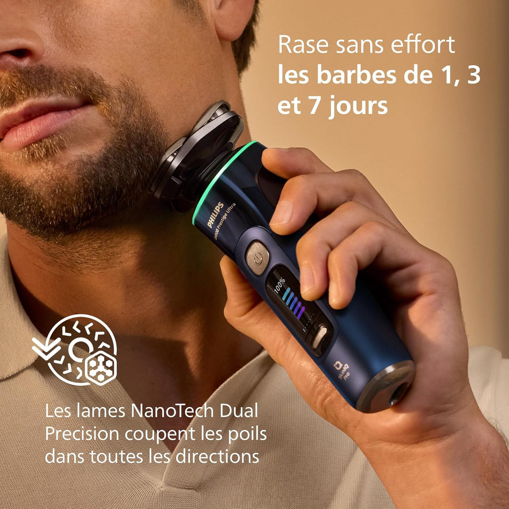 Philips Rasoir i9000 Prestige Ultra, Rasoir électrique 100% étanche, Technologie Skin IQ Pro, Système Triple Lift & Cut, Lames de précision NanoTech rotatives 360°, 5 modes de rasage, XP9401/38