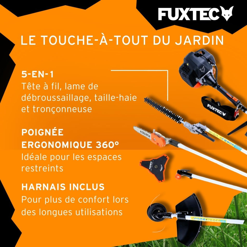 Fuxtec Débroussailleuse Thermique Multifonction 5 en 1 Multitool FX-MT152E - Easy Starter 3CV 52 cm3, Moteur 2 Temps, élagueuse Taille Haie Coupe Bordure Avec Fil ou Lame 1 Mètre Rallonge