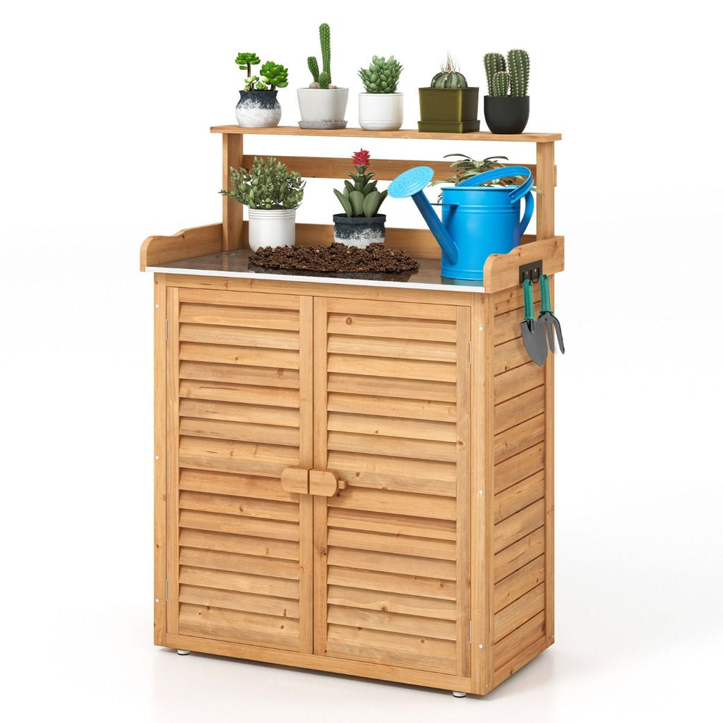 Banc d'Empotage d'Extérieur Table de Jardinage avec Comptoir en Métal Galvanisé 3 Crochets de Suspension Etagères Amovibles Naturel