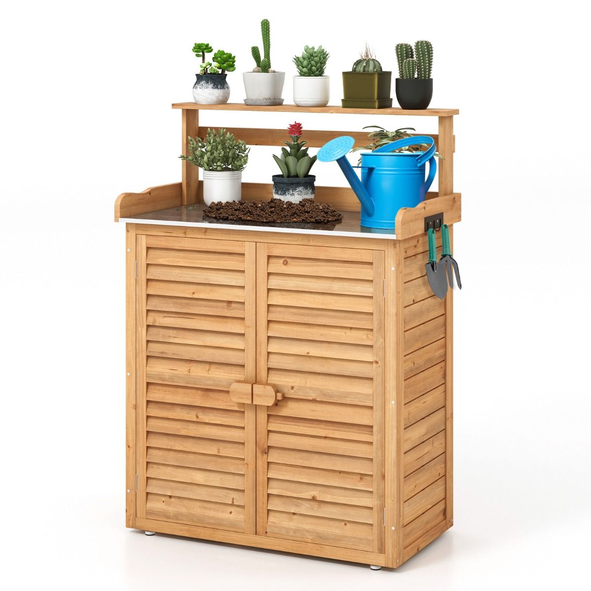 Banc d'Empotage d'Extérieur Table de Jardinage avec Comptoir en Métal Galvanisé 3 Crochets de Suspension Etagères Amovibles Naturel