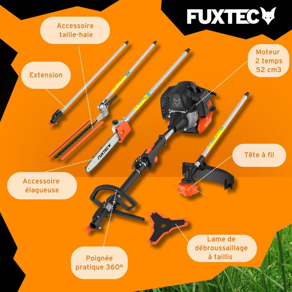 Fuxtec Débroussailleuse Thermique Multifonction 5 en 1 Multitool FX-MT152E - Easy Starter 3CV 52 cm3, Moteur 2 Temps, élagueuse Taille Haie Coupe Bordure Avec Fil ou Lame 1 Mètre Rallonge