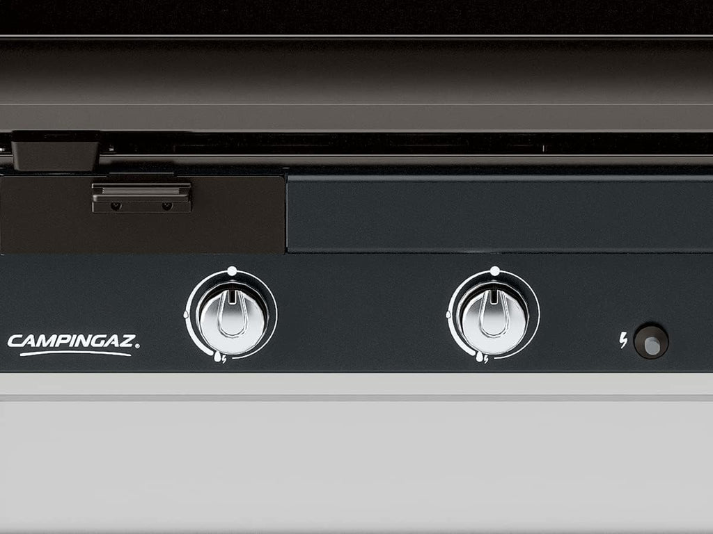 Campingaz Plancha EXB Plus, plancha au gaz sur chariot, grill gastronomique avec plaque en acier émaillé et 2 br?leurs, puissance 7500 W, pour des grillades méditerranéennes, Noir