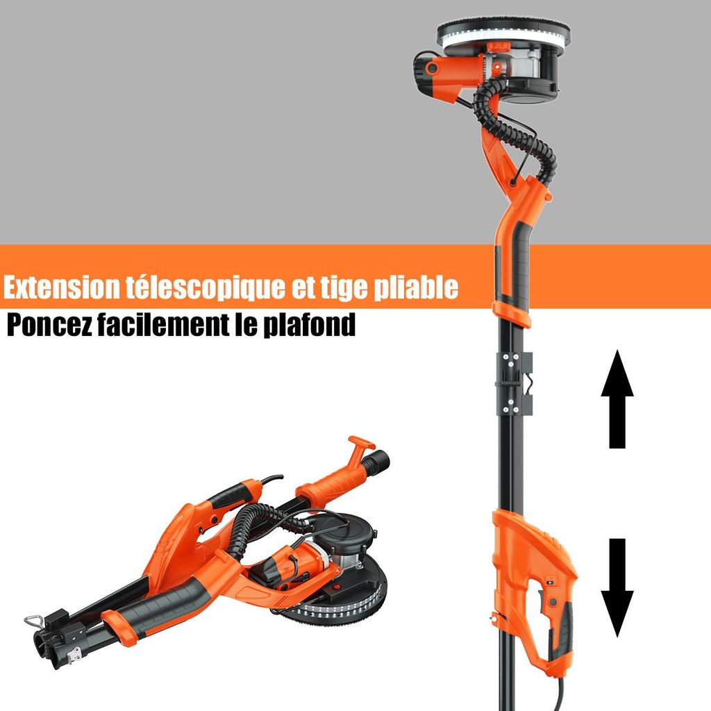 Ponceuse à Platre Murale 750W ? 225mm Aluminium 6 Vitesses Variables Lumières LED Manche Télescopique 12 Disques Abrasifs