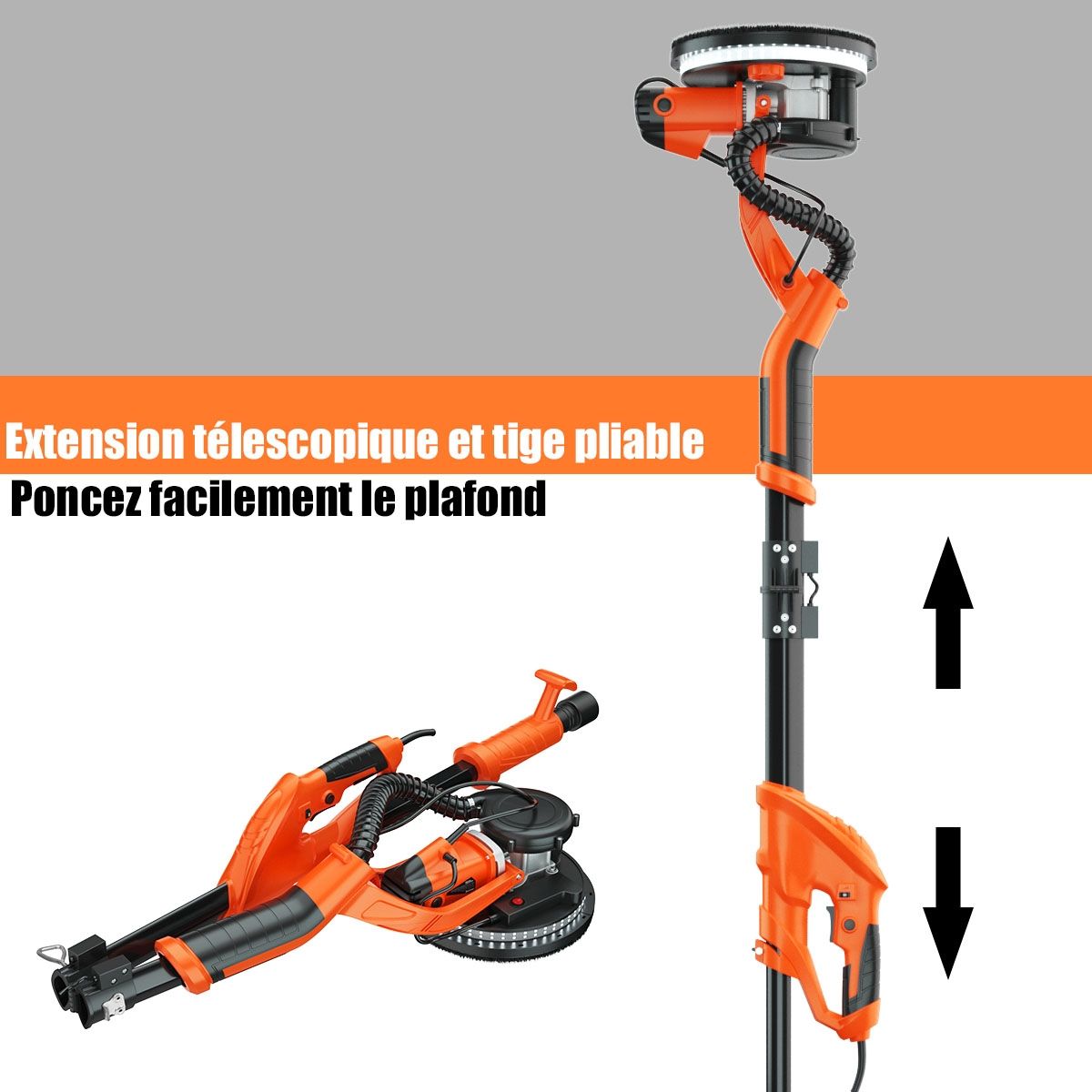 Ponceuse à Platre Murale 750W ? 225mm Aluminium 6 Vitesses Variables Lumières LED Manche Télescopique 12 Disques Abrasifs
