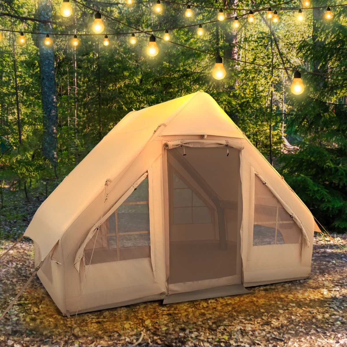 Tente de Camping Gonflable 6 m2 pour 4-6 Personnes Tente en Coton Coupe-vent et Imperméable avec Pompe 7 Fenêtres à Moustiquaire Beige