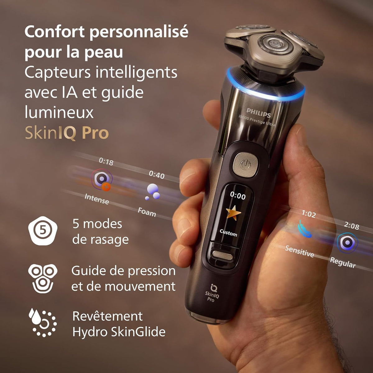 Philips Rasoir i9000 Prestige Ultra, Rasoir électrique 100% étanche, Technologie Skin IQ Pro, Système Triple Lift & Cut, Lames de précision NanoTech rotatives 360°, 5 modes de rasage, XP9401/38