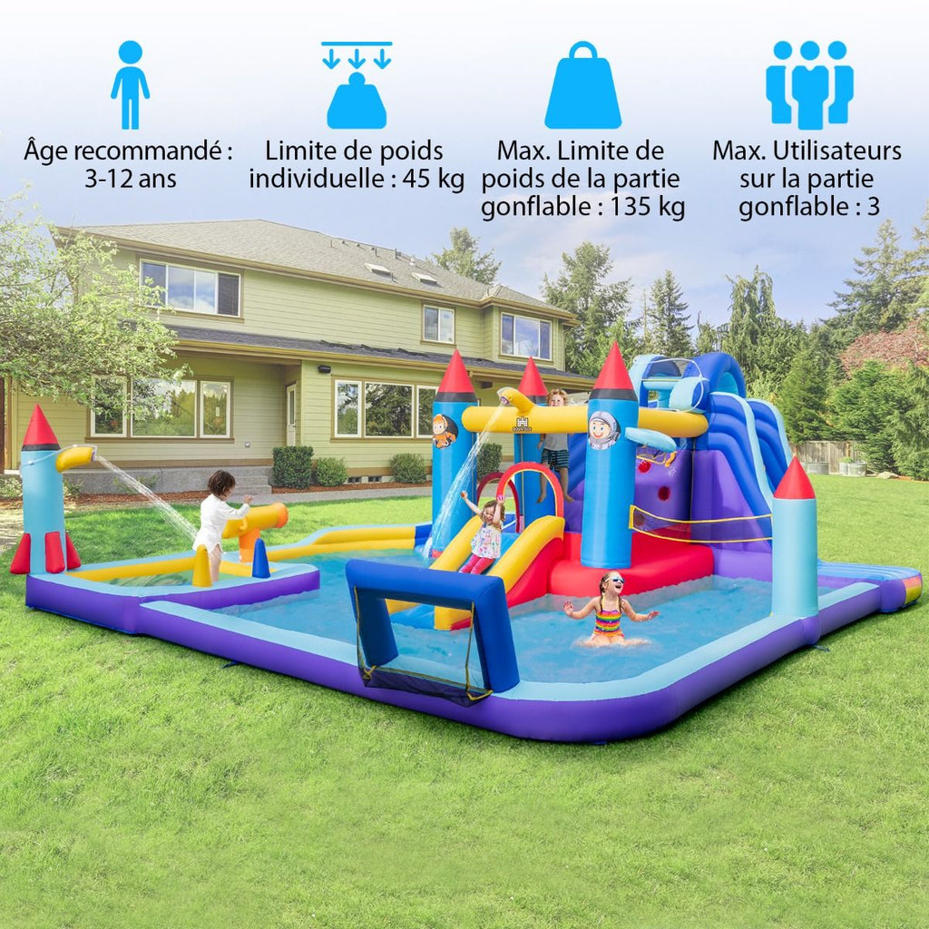 Chateau Gonflable à Toboggans Aquatiques Thème de La Fusée pour Enfants Piscine Zone de Saut Pistolet à Eau Escalade Souffleur de 850 W Multicolore