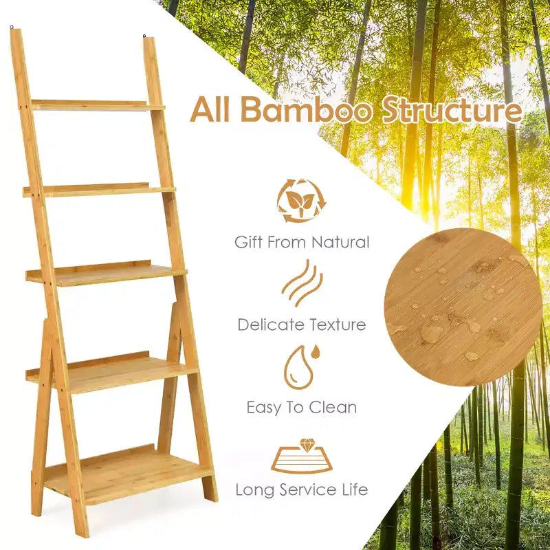 Costway 5-Tier Bamboo Ladder Shelf Bookshelf Display Storage Rack Flower Stand