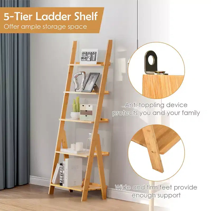 Costway 5-Tier Bamboo Ladder Shelf Bookshelf Display Storage Rack Flower Stand