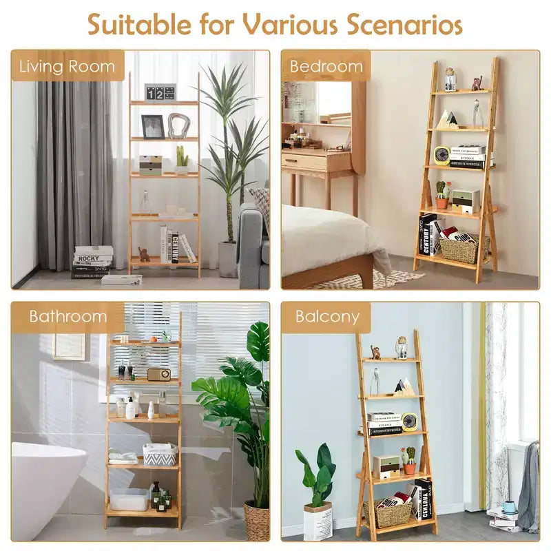 Costway 5-Tier Bamboo Ladder Shelf Bookshelf Display Storage Rack Flower Stand