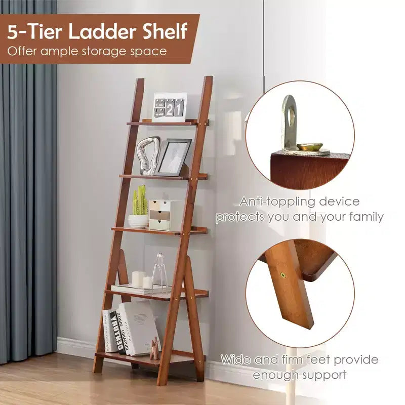 Costway 5-Tier Bamboo Ladder Shelf Bookshelf Display Storage Rack Flower Stand