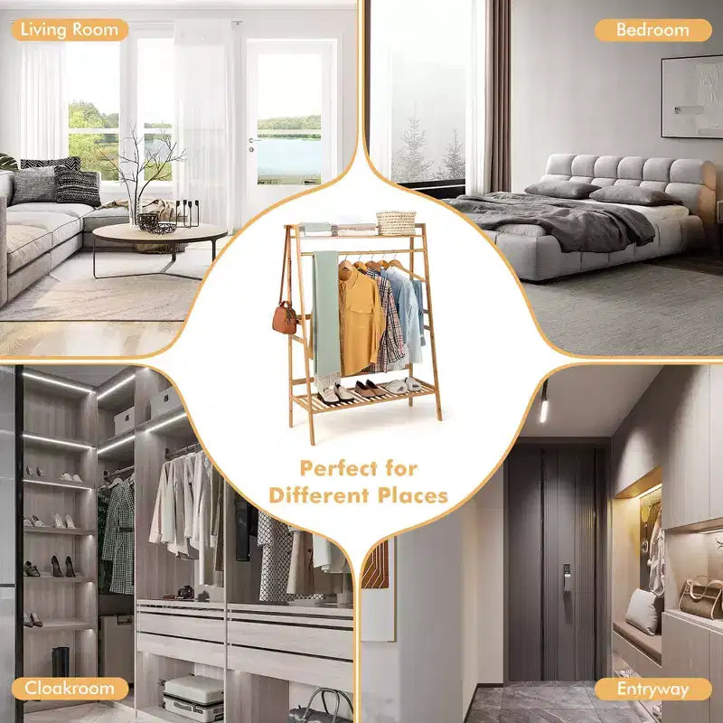 Costway 2-Tier Bamboo Garment Rack Clothing Storage Organizer Coat Hanger w/ Rod & Hooks