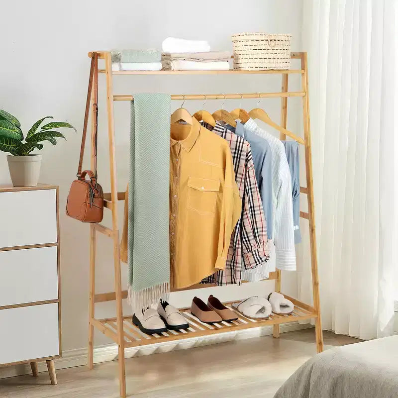 Costway 2-Tier Bamboo Garment Rack Clothing Storage Organizer Coat Hanger w/ Rod & Hooks