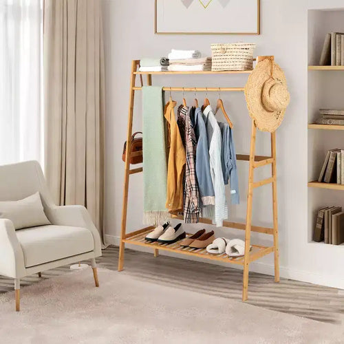 Costway 2-Tier Bamboo Garment Rack Clothing Storage Organizer Coat Hanger w/ Rod & Hooks