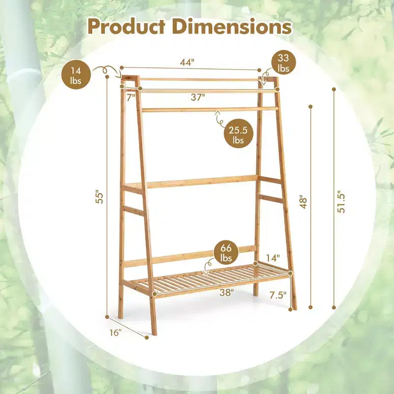 Costway 2-Tier Bamboo Garment Rack Clothing Storage Organizer Coat Hanger w/ Rod & Hooks
