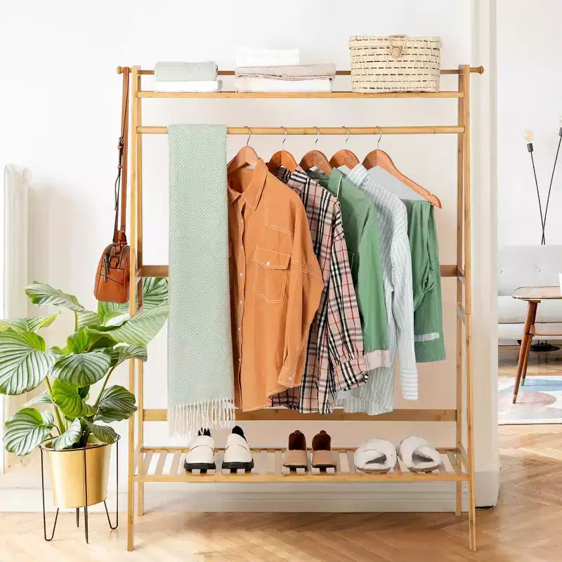Costway 2-Tier Bamboo Garment Rack Clothing Storage Organizer Coat Hanger w/ Rod & Hooks