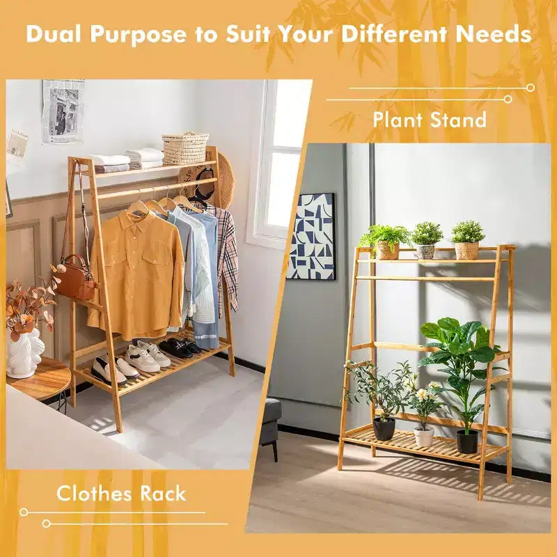 Costway 2-Tier Bamboo Garment Rack Clothing Storage Organizer Coat Hanger w/ Rod & Hooks