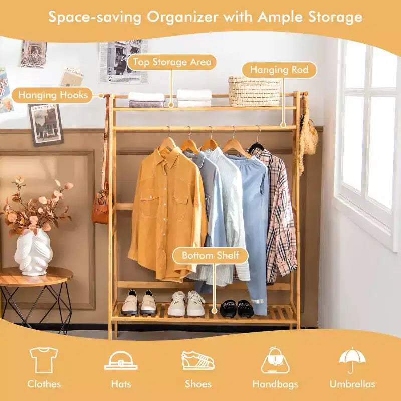 Costway 2-Tier Bamboo Garment Rack Clothing Storage Organizer Coat Hanger w/ Rod & Hooks