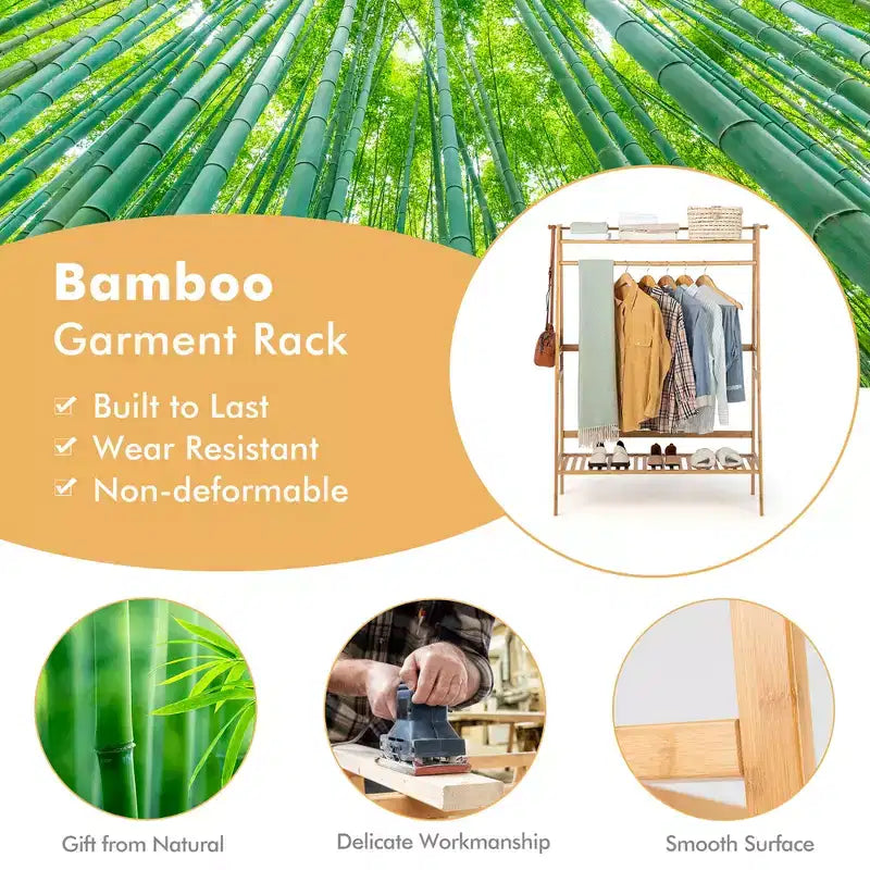 Costway 2-Tier Bamboo Garment Rack Clothing Storage Organizer Coat Hanger w/ Rod & Hooks