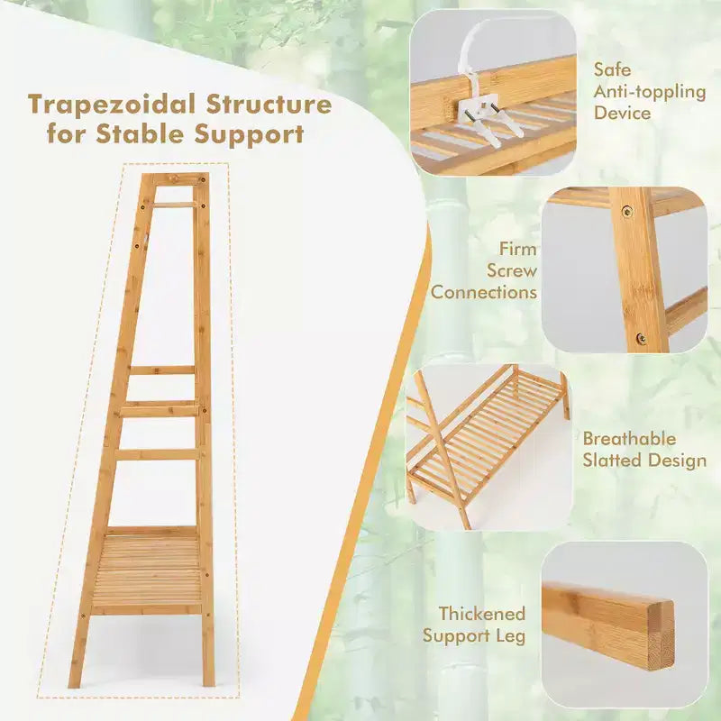 Costway 2-Tier Bamboo Garment Rack Clothing Storage Organizer Coat Hanger w/ Rod & Hooks
