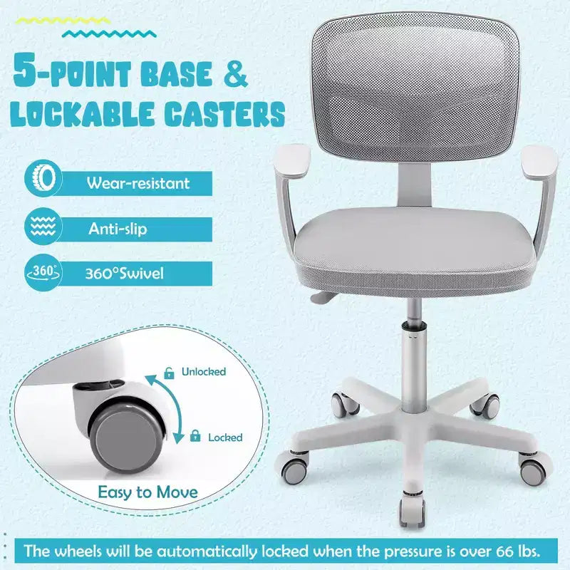 Costway Auto Lock Kids Mesh Chair with Armrests Height Adjustable 360-Degree Swivel Pink/Blue/Green/Purple/Grey