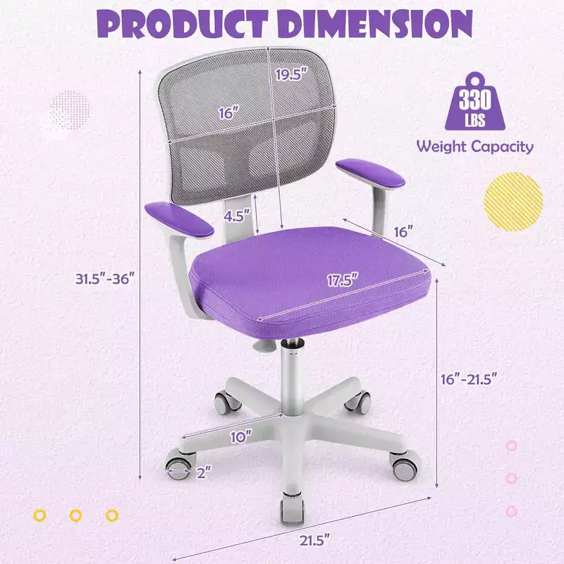 Costway Auto Lock Kids Mesh Chair with Armrests Height Adjustable 360-Degree Swivel Pink/Blue/Green/Purple/Grey