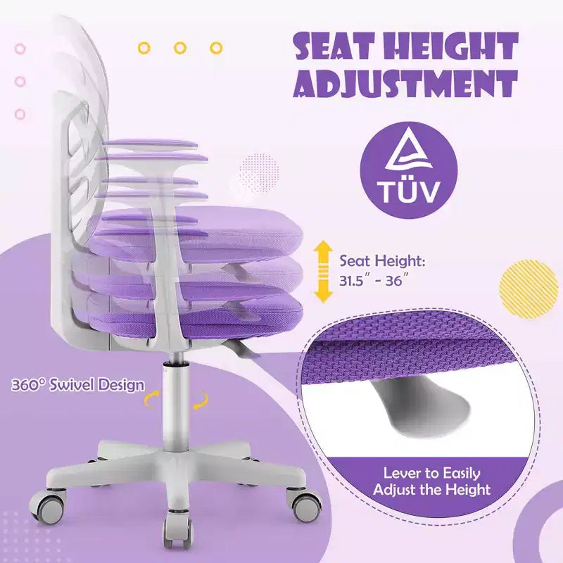 Costway Auto Lock Kids Mesh Chair with Armrests Height Adjustable 360-Degree Swivel Pink/Blue/Green/Purple/Grey