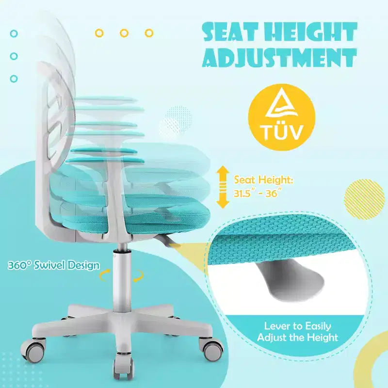 Costway Auto Lock Kids Mesh Chair with Armrests Height Adjustable 360-Degree Swivel Pink/Blue/Green/Purple/Grey