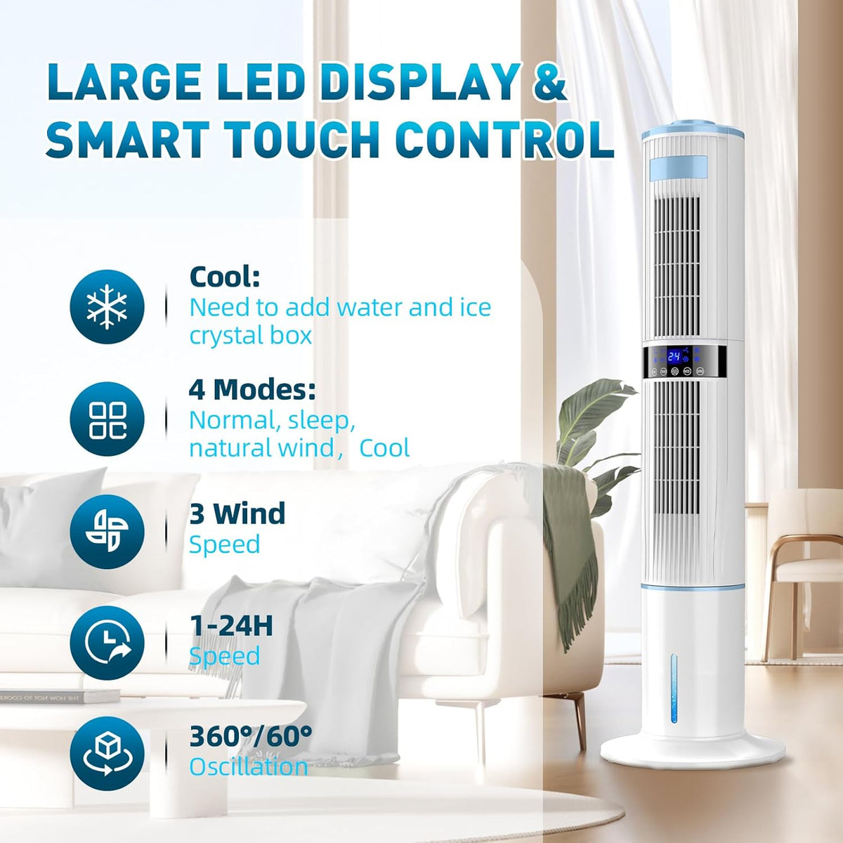 Climatiseur Mobile Silencieux Rafra?chisseur d'air avec Humidificateur, Ventilateur, 2 Sortie d'air, 360°Oscillation, 65W, 24H Minuteries, 3 Vitesses, 4 Modes,Télécommande pour Chambre Bureau