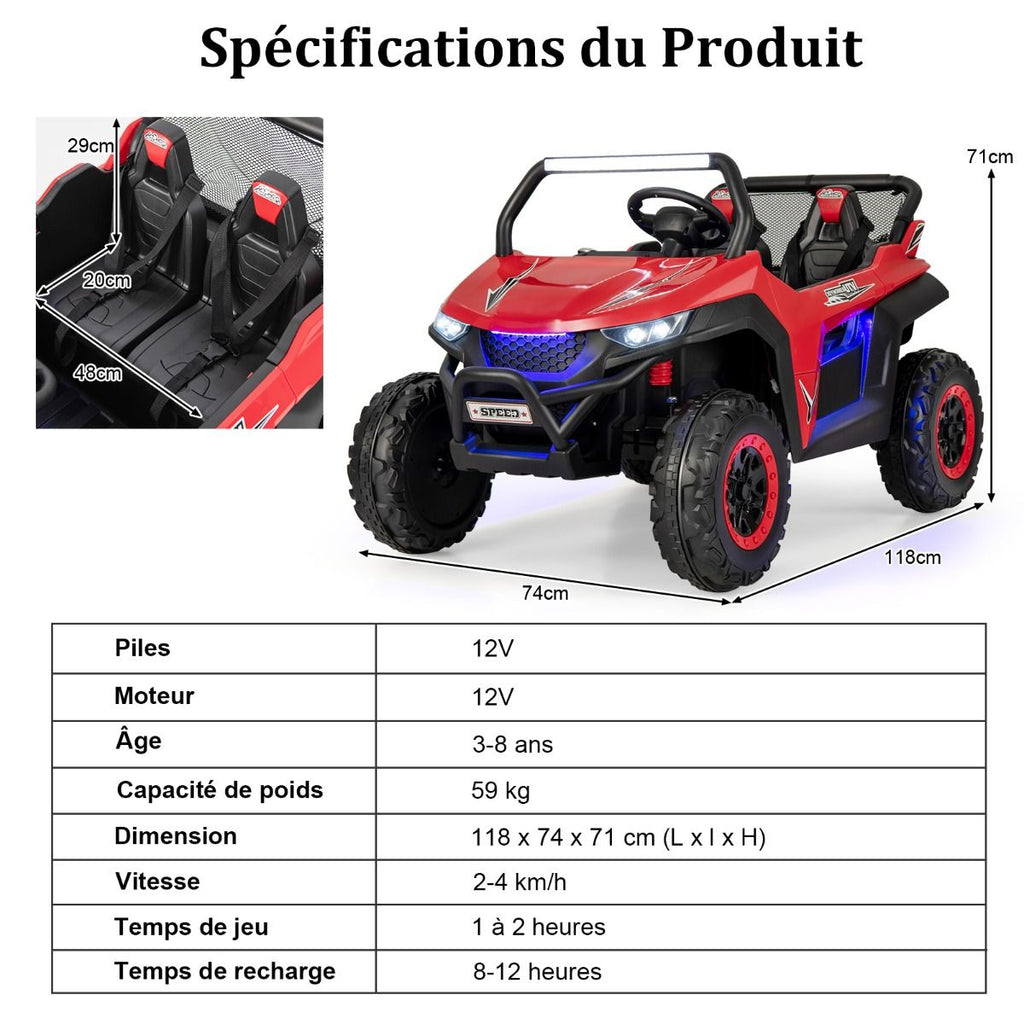 Voiture électrique Enfant 12 V Télécommande pour 3-8 Ans 2 Vitesses Ressort de Suspension Charge 59KG 118x74x71CM Noir/Rose/Rouge