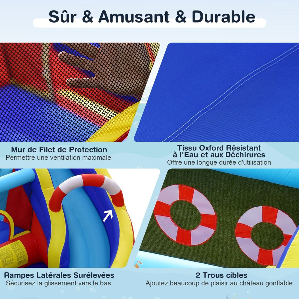 Chateau Gonflable Style Bateau avec Toboggan Incurvé Zone de Saut Mur d'Escalade avec Gonfleur 450 W