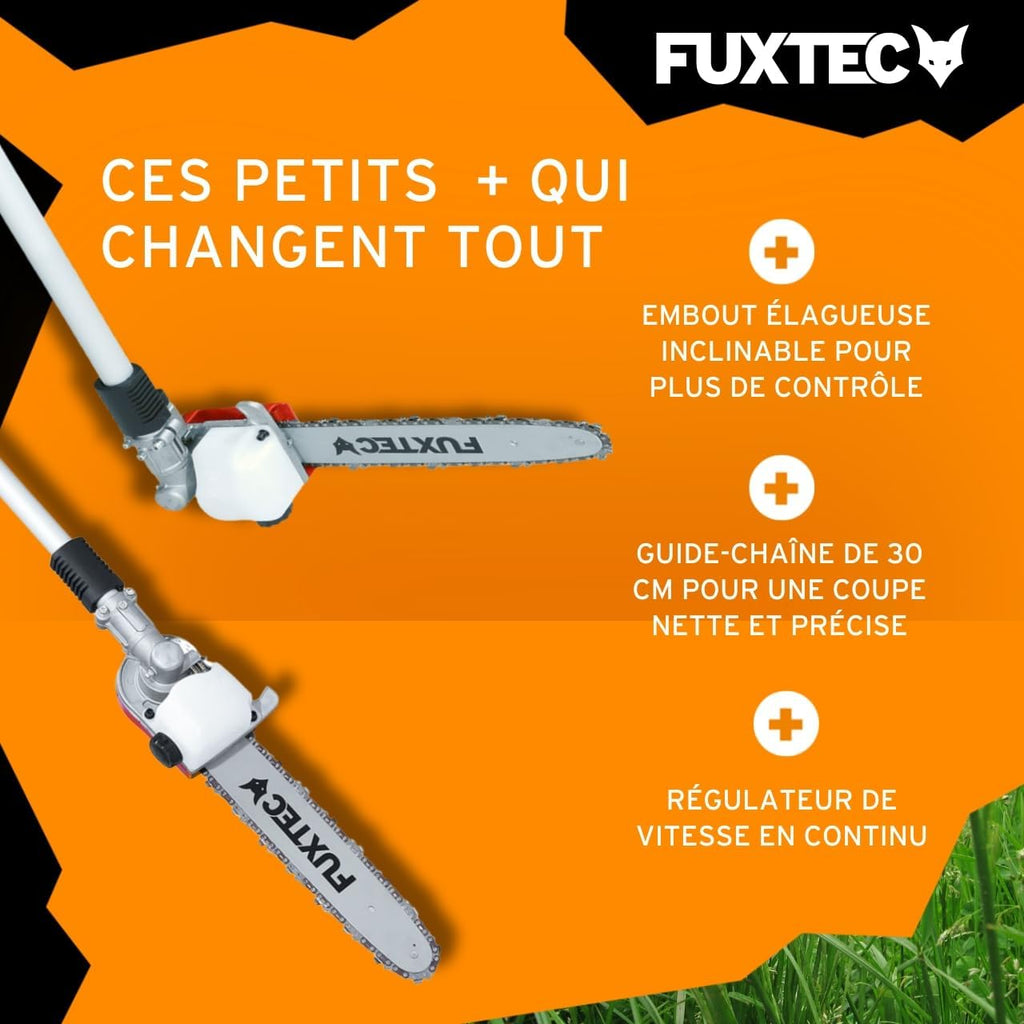 Fuxtec Débroussailleuse Thermique Multifonction 5 en 1 Multitool FX-MT152E - Easy Starter 3CV 52 cm3, Moteur 2 Temps, élagueuse Taille Haie Coupe Bordure Avec Fil ou Lame 1 Mètre Rallonge