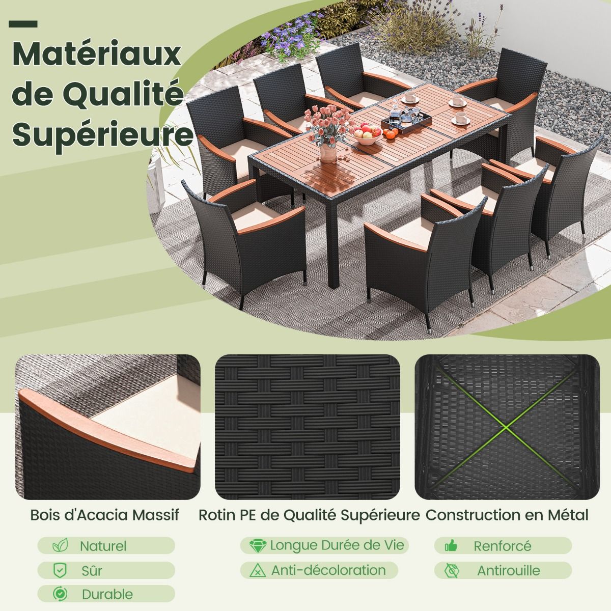 Salon de Jardin en Rotin 9 Pièces Plateau de Table en Acacia Ensemble de Salle à Manger avec Coussins Amovibles Trou Charge 180KG Beige+Noir
