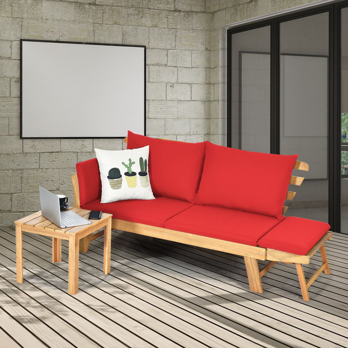 Chaise Longue Convertible avec Coussin Canapé de Jardin 2 en 1 en Bois d’Acacia avec Accoudoir Réglable pour Patio Piscine Jardin Blanc/Gris/Bleu/Rouge