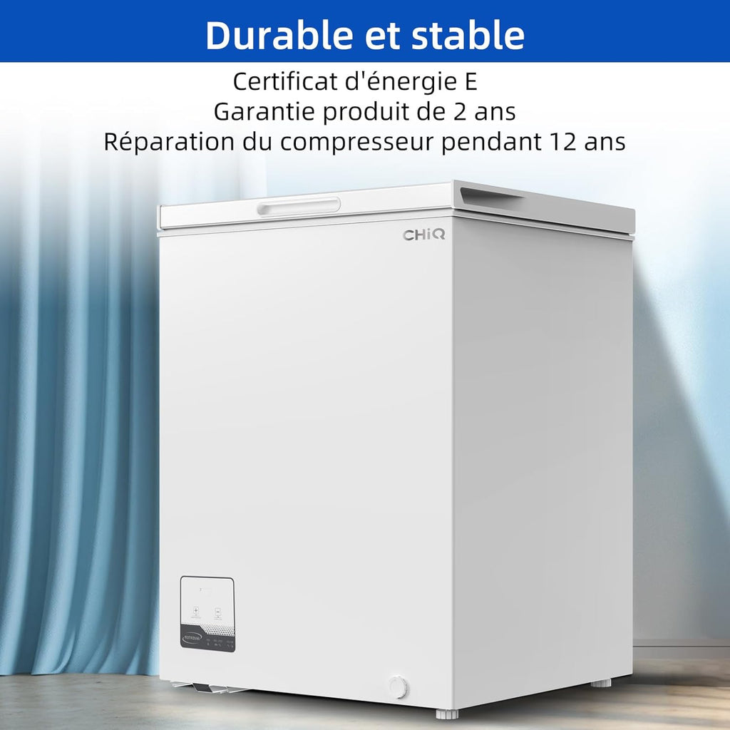 Congélateur coffre CHiQ 142L, 63,5 x 55,6 x 83,5cm, Congélateur Inverter, Affichage de la température extérieure, Mode de congélation rapide -32°C, Grille métallique,Faible bruit