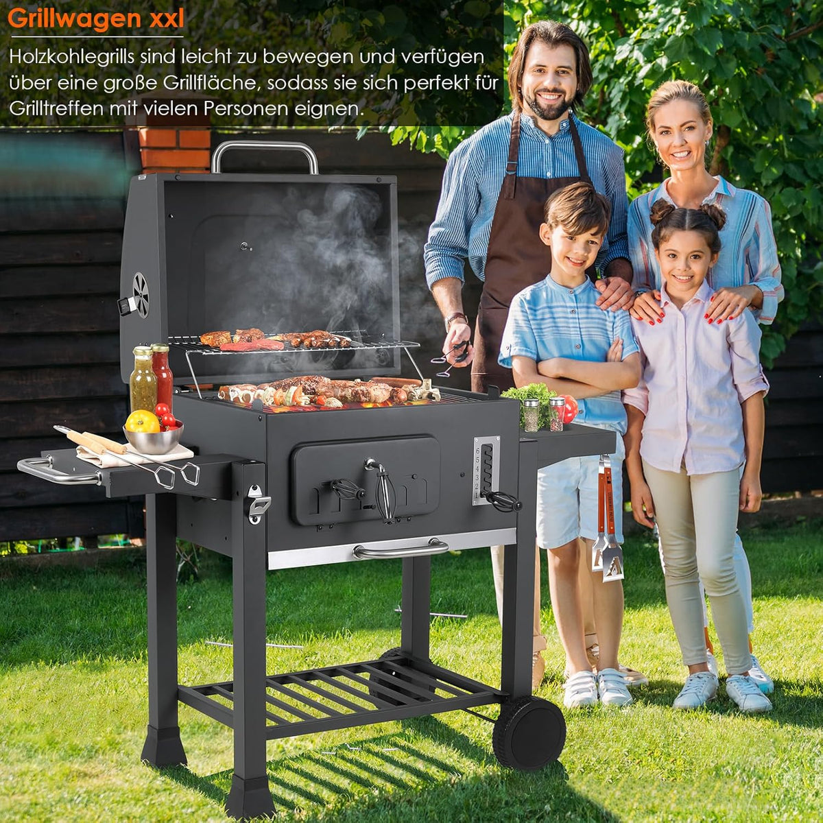 Barbecue Charbon de Bois XL, Chariot à Barbecue, Grill XL à Charbon avec Couvercle, Roues et Thermomètre, Réglable en Hauteur, Grand Barbecue au Charbon de Bois, pour Camping et Jardin, Noir