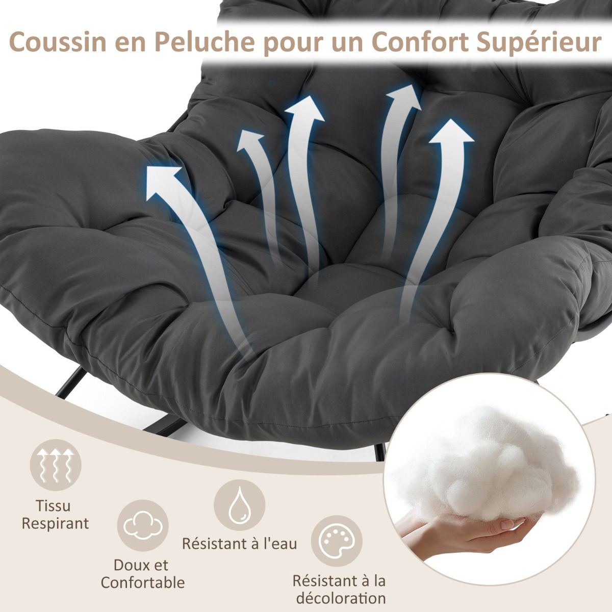Chaise à Bascule d'Intérieur et d'Extérieur Chaise Papasan Surdimensionnée avec Coussin Rembourré & Cadre en Métal Capacité 205 Kg Gris