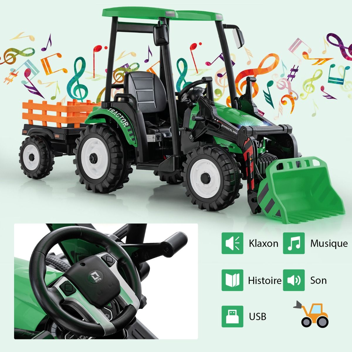 12V Tracteur électrique Enfants avec Pelle&Remorque Amovible Véhicule électrique à 6 Roues avec Télécommande & Musique 3-6 km/h pour 3-8 Ans Jaune/Vert
