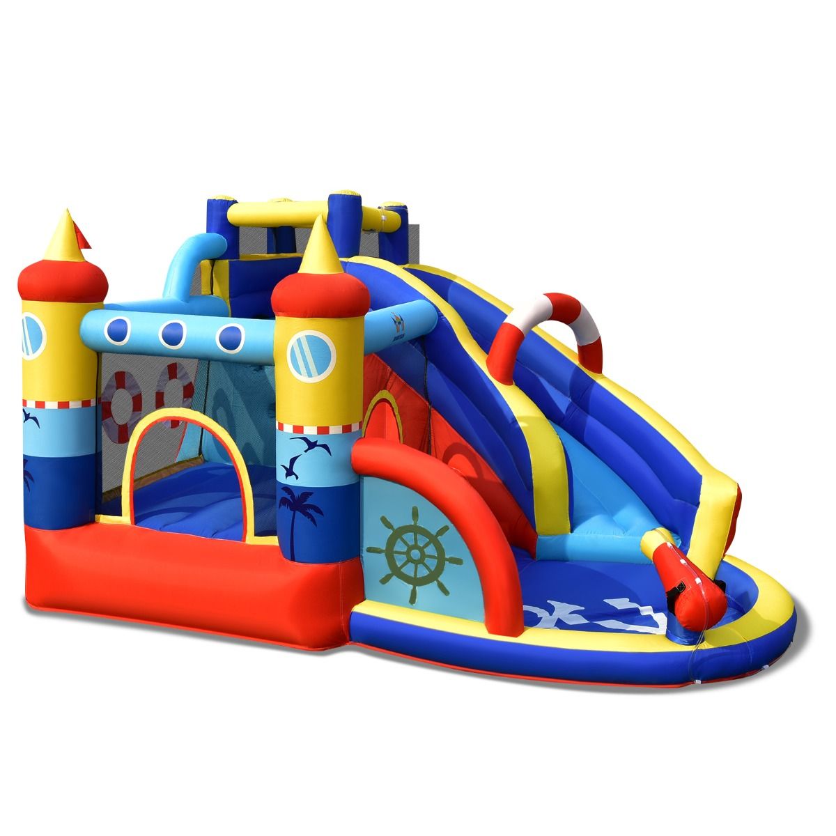 Chateau Gonflable Style Bateau avec Toboggan Incurvé Zone de Saut Mur d'Escalade avec Gonfleur 450 W